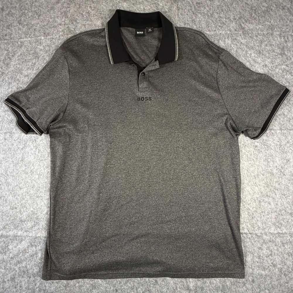 BOSS Hugo Boss Polo Shirt Men XXL Grey Black Micro Pattern Short Sleeve Logo